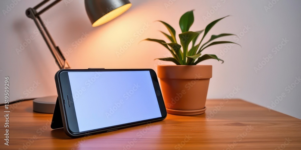 Fototapeta premium Smartphone, potted plant, and desk lamp on wooden surface, gadget, green