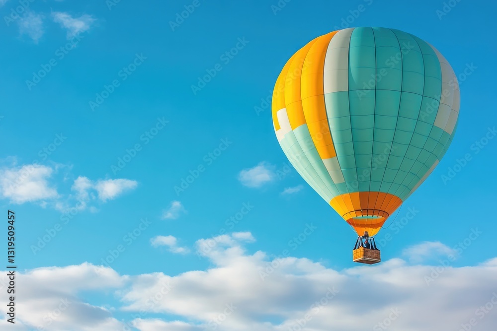 Naklejka premium hot air balloon drifts serenely across vast cloud-filled sky its hues vibrant against gentle backdrop