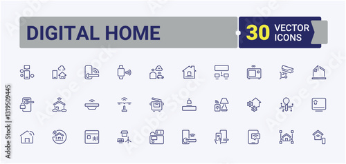 Digital Home modern icons. Featuring remote, estate, technology, system, automation, home. Smart Home icon set. Simple line vector. Vector artwork and illustration.