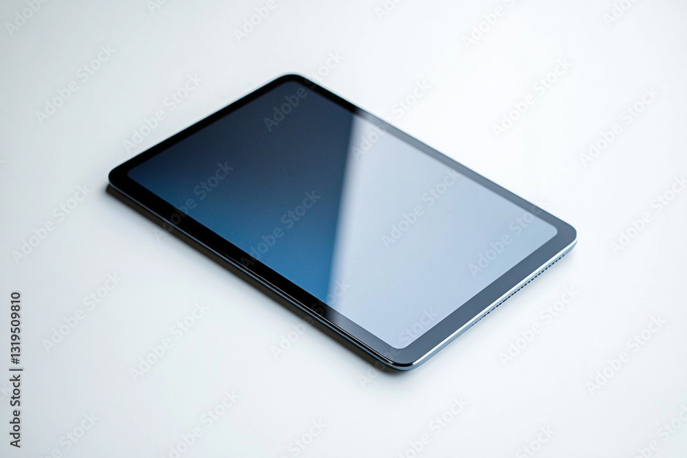 A thin tablet with a minimalist design lying on a white surface A thin tablet with a minimalist design lying on a white surface