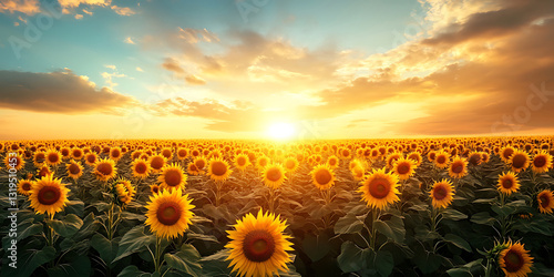 Sunset Over an Endless Sunflower Field with Warm Golden Light