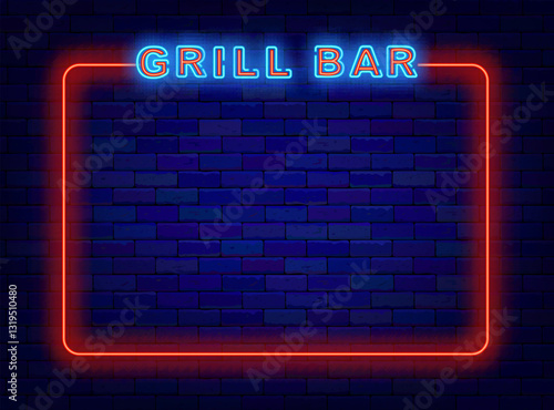 Grill bar neon advertising. Red empty frame. Space for text. Glowing poster. Vector stock illustration