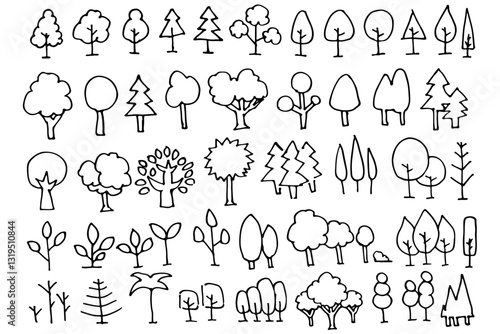 シンプルないろいろな木や葉の線画イラスト　ベクター