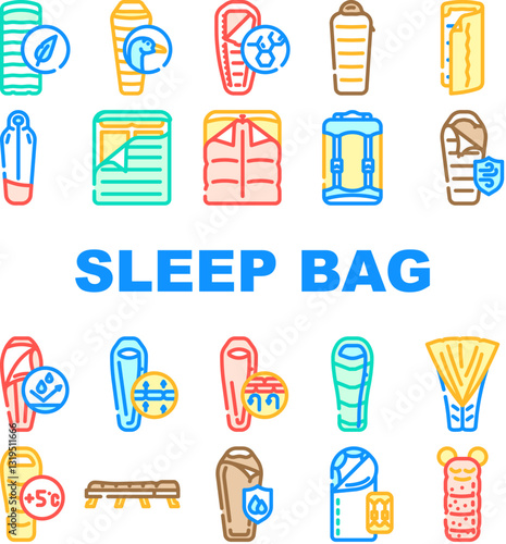 sleeping bag camping hiking icons set vector
