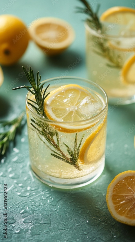 Bright and invigorating, this summertime drink showcases a glass filled with bubbly lemonade, rosemary sprigs, and fresh lemon slices. Perfect for warm days outdoors Bright and invigorating, this summertime drink showcases a glass filled with bubbly lemonade, rosemary sprigs, and fresh lemon slices. Perfect for warm days outdoors