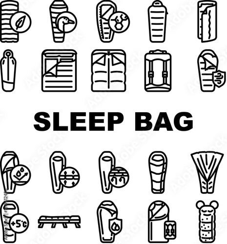 sleeping bag camping hiking icons set vector