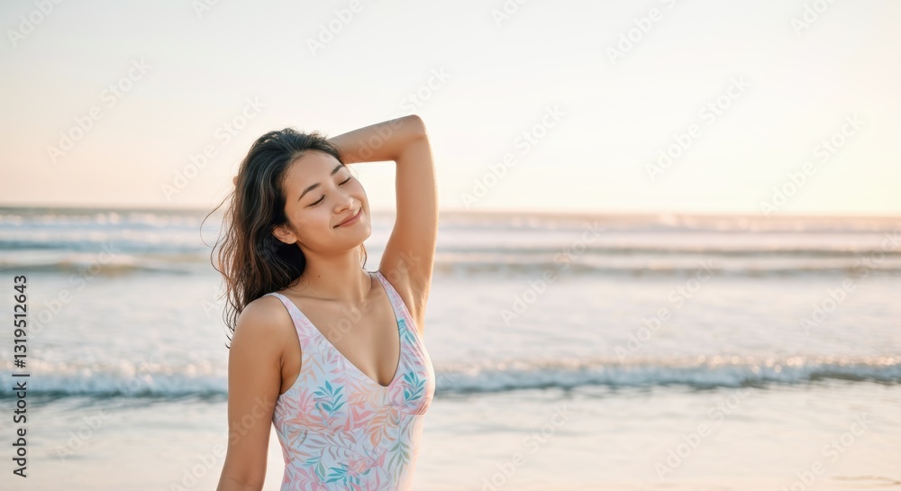 Young asian female enjoying beach sunset in a floral swimsuit Young asian female enjoying beach sunset in a floral swimsuit