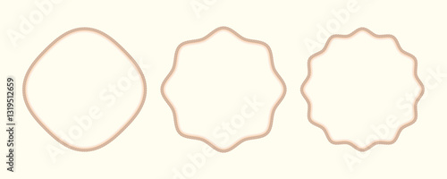 Rope round frames collection. Wavy brown curves twisted cord borders. Vintage, rustic, retro decorative elements for invitations, cards, tags, crafts, branding. Minimal nautical or western concept.