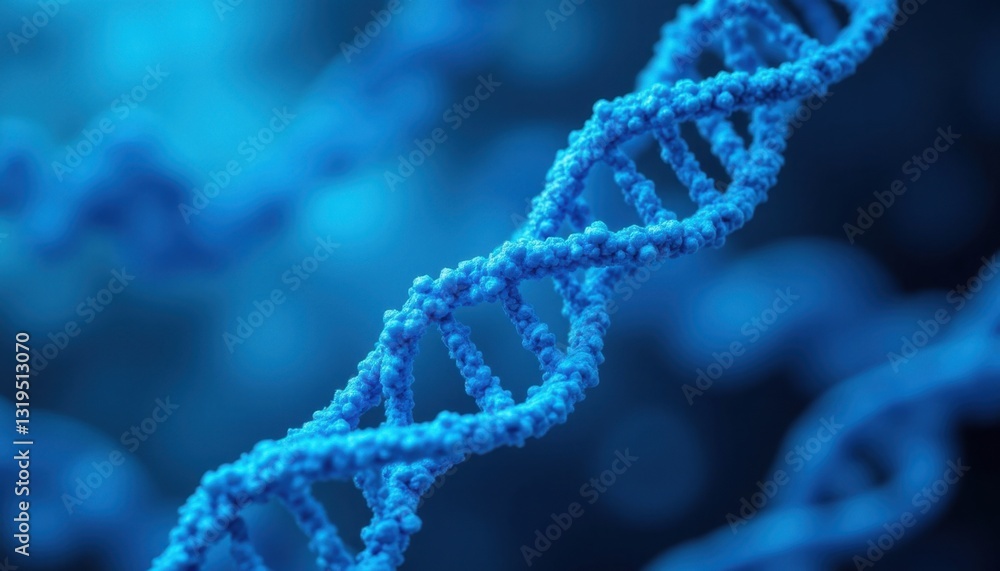 A close up view of a highly detailed 3D rendered DNA strand, with each individual particle intricately designed and set against a vibrant blue bokeh background A close up view of a highly detailed 3D rendered DNA strand, with each individual particle intricately designed and set against a vibrant blue bokeh background