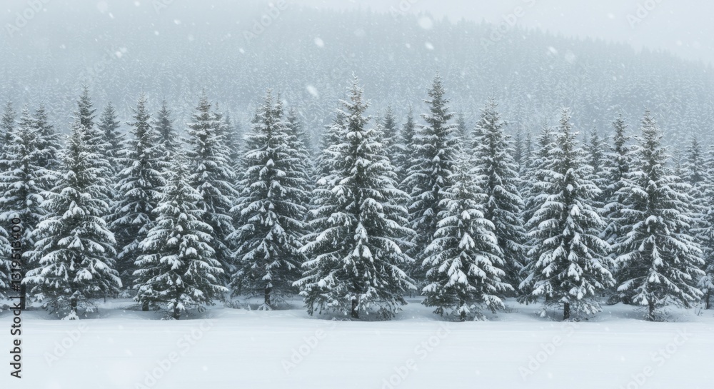 Snow Covered Pine Tree Forest in Winter with Falling Snow Snow Covered Pine Tree Forest in Winter with Falling Snow