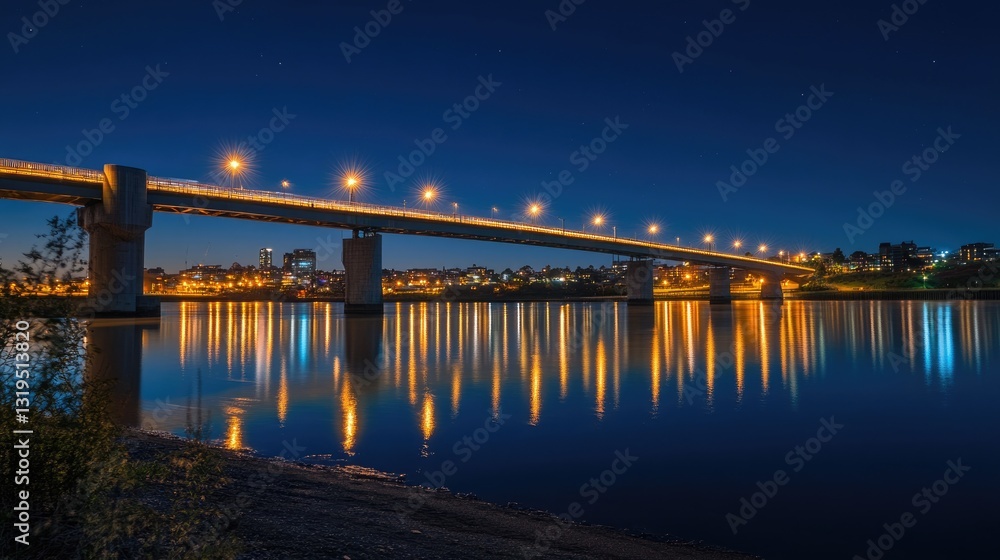 Obraz premium Night Reflections on the Iconic Brew River, Gateshead: A Stunning Cityscape of Newcastle, Australia