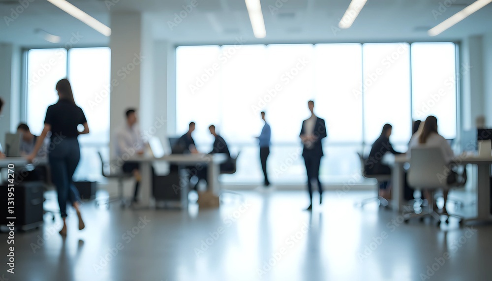 Out of focus view of bright modern office with people working and moving Out of focus view of bright modern office with people working and moving