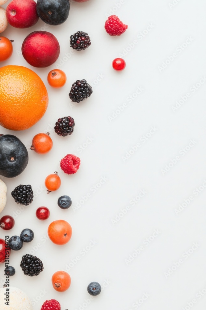 neatly arranged array of vibrant fresh fruits and berries on clean white background emphasizing vivid colors and diverse neatly arranged array of vibrant fresh fruits and berries on clean white background emphasizing vivid colors and diverse