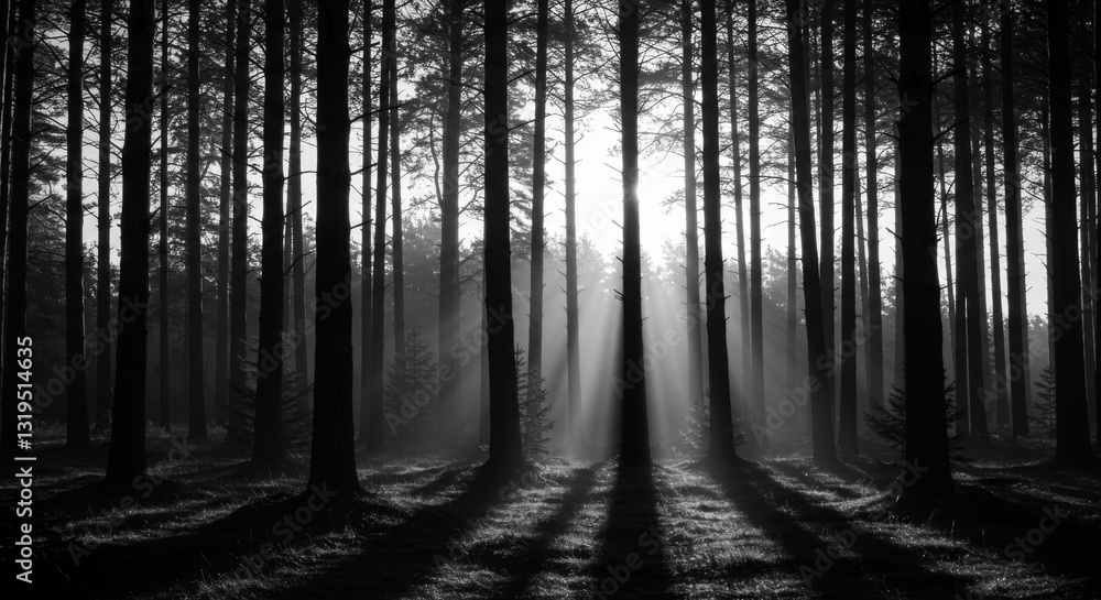 Sun Rays Shining Through Tall Trees in a Black and White Forest Sun Rays Shining Through Tall Trees in a Black and White Forest