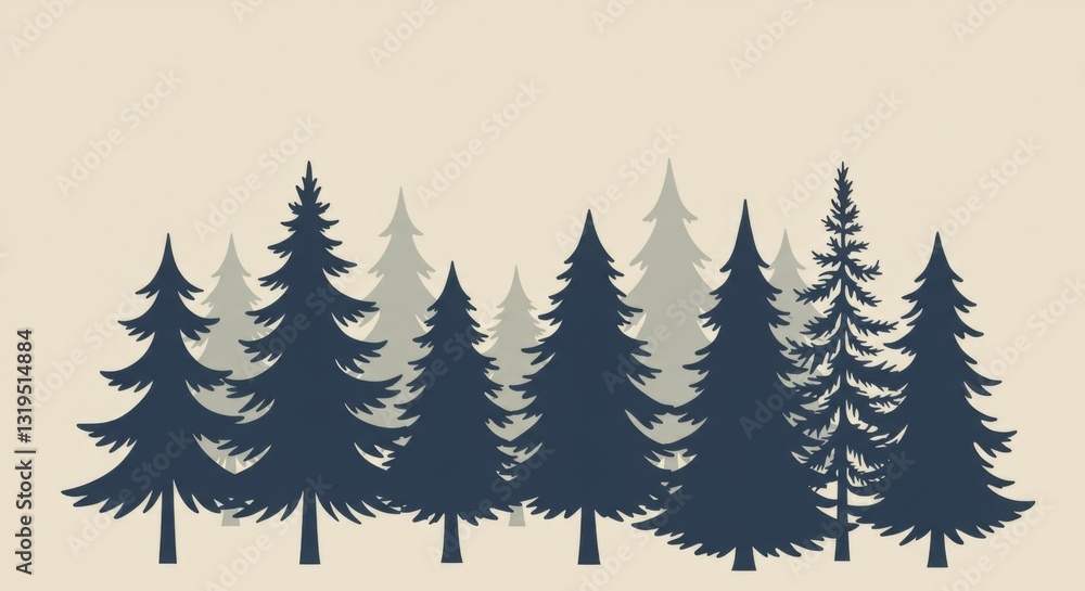Evergreen Tree Silhouette Forest Illustration Minimal Design for Holiday Cards Evergreen Tree Silhouette Forest Illustration Minimal Design for Holiday Cards