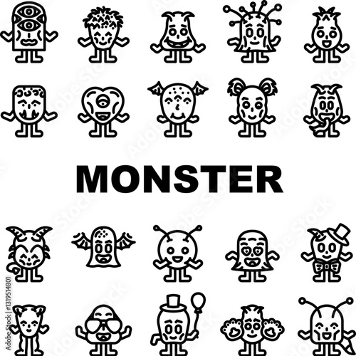 cute monster adorable fluffy icons set vector