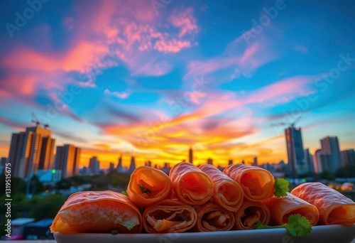 Sunset cityscape backdrop, crispy spring rolls, vibrant colors, buildings, delicious food