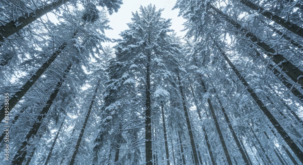 Obraz premium Snow Covered Pine Trees in Winter Forest Canopy View