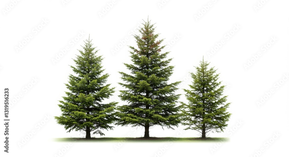 Three Evergreen Trees Standing Tall Against a White Background Three Evergreen Trees Standing Tall Against a White Background