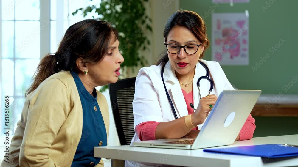 Indian Asian young female doctor discussing medical case, diagnosis with senior woman patient using laptop in lavish clinic, leveraging modern technology for efficient healthcare consultation Indian Asian young female doctor discussing medical case, diagnosis with senior woman patient using laptop in lavish clinic, leveraging modern technology for efficient healthcare consultation