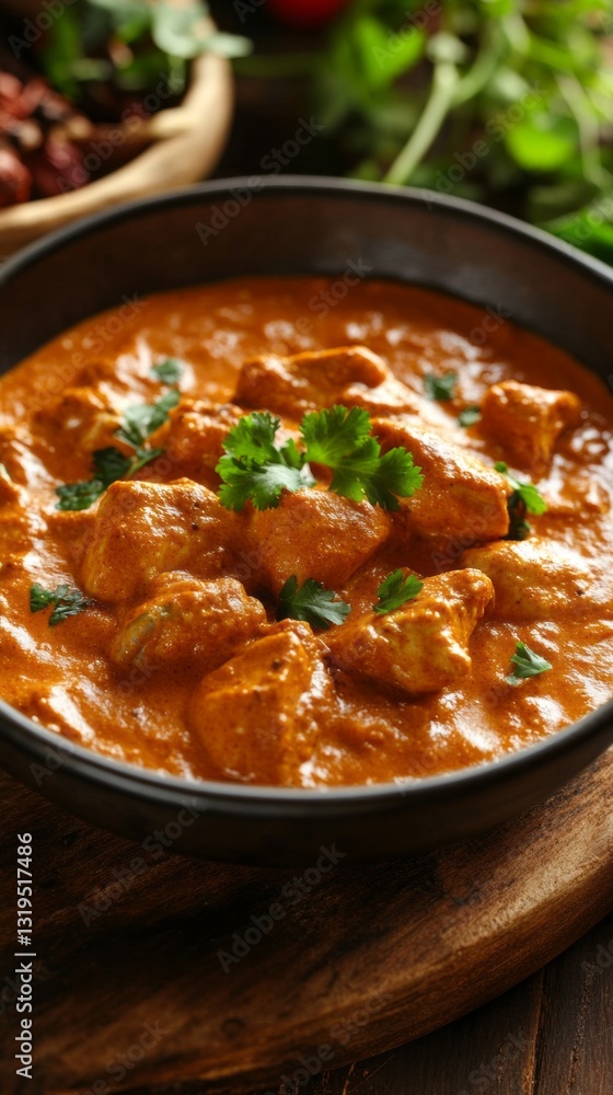 Rich, aromatic butter chicken curry simmers in a dark bowl, garnished with fresh cilantro, inviting diners to enjoy this flavorful, hearty dish, perfect for sharing on a chilly evening Rich, aromatic butter chicken curry simmers in a dark bowl, garnished with fresh cilantro, inviting diners to enjoy this flavorful, hearty dish, perfect for sharing on a chilly evening