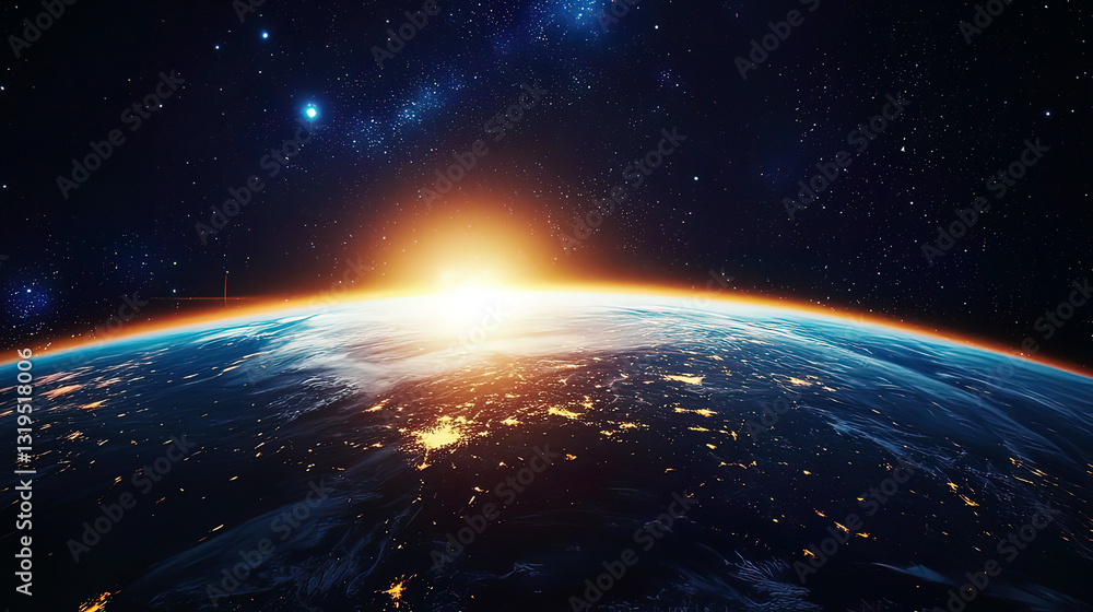 Obraz premium View of Earth from a luxury space hotel balcony, vibrant atmosphere and stars in the background