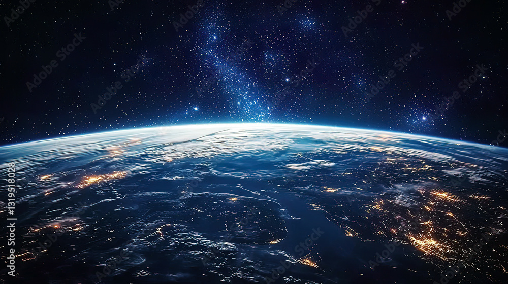 Fototapeta premium View of Earth from a luxury space hotel balcony, vibrant atmosphere and stars in the background