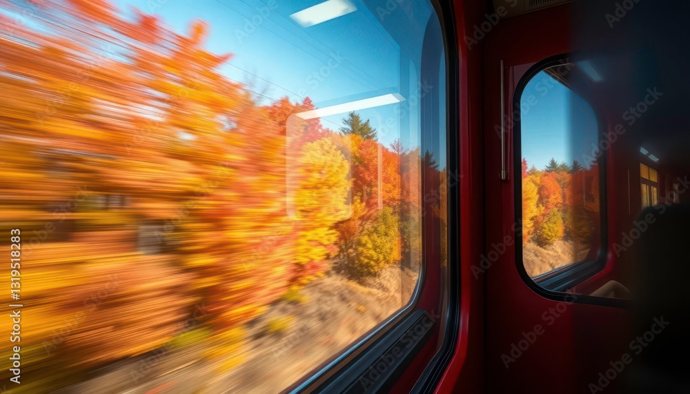 Train window view, vibrant autumn foliage blurring past, vivid, reflection Train window view, vibrant autumn foliage blurring past, vivid, reflection