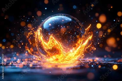 Fiery, glowing orb of crystal, with flames erupting