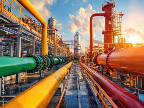 Vibrant Industrial Pipeline with Colorful Pipes at Oil Refinery Facility