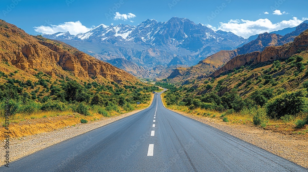 Naklejka premium Mountain road stretches into a vast valley under a vibrant sky