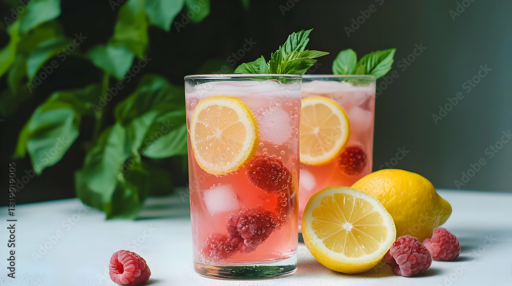 Two Refreshing Raspberry Lemon Iced Cocktails Garnished With Mint on a White Table Against a Green Foliage Backdrop Two Refreshing Raspberry Lemon Iced Cocktails Garnished With Mint on a White Table Against a Green Foliage Backdrop
