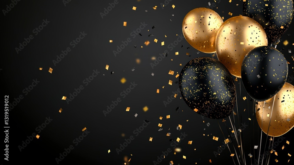 Fototapeta premium Black and gold balloons with confetti on dark background