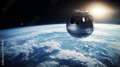 Fototapeta Naklejka Na Ścianę i Meble -  View of Earth from a transparent space pod as it orbits the planet, ultra-detailed