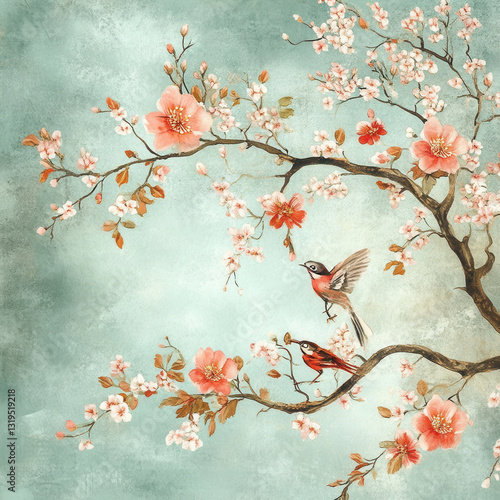 serene illustration featuring birds perched on blossoming branch with delicate flowers against soft blue background. artwork evokes sense of tranquility and beauty