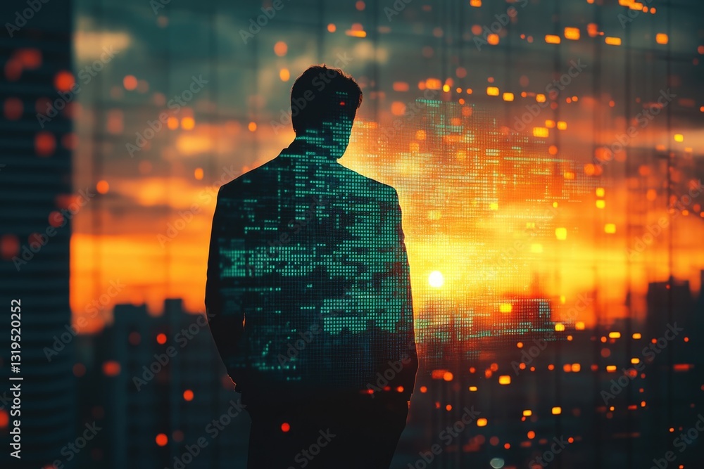 Silhouette of a man at sunset, overlaid with a digital data stream, symbolizing the convergence of technology and urban life. Silhouette of a man at sunset, overlaid with a digital data stream, symbolizing the convergence of technology and urban life.