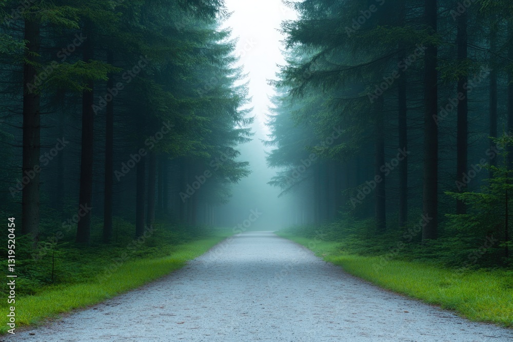 Obraz premium serene pathway leads through dense forest of towering pine trees in national park