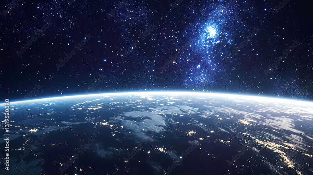 Fototapeta premium View of Earth’s atmosphere from a luxury space capsule, distant stars shining brightly