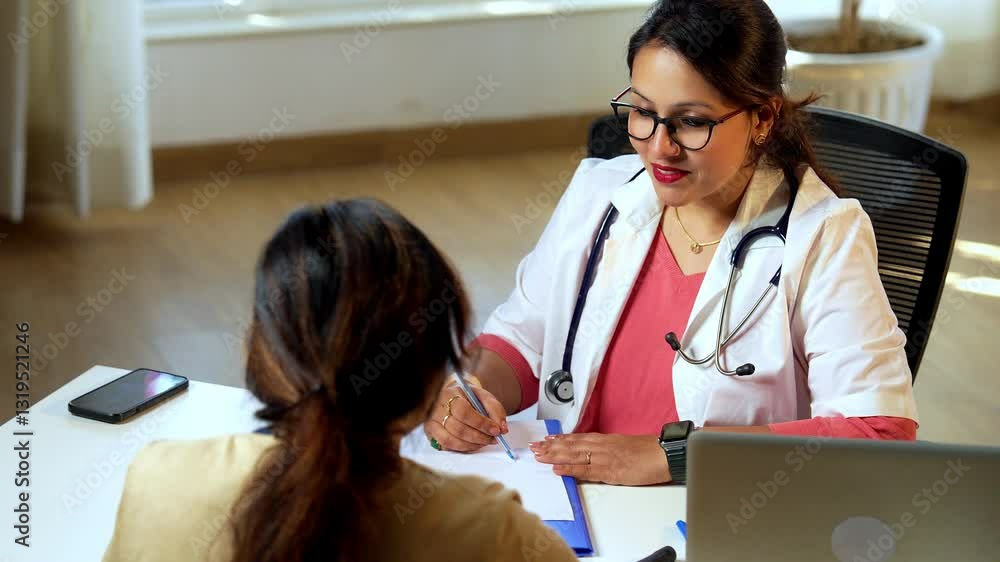 Indian Asian young female doctor writing a medical case report ...
