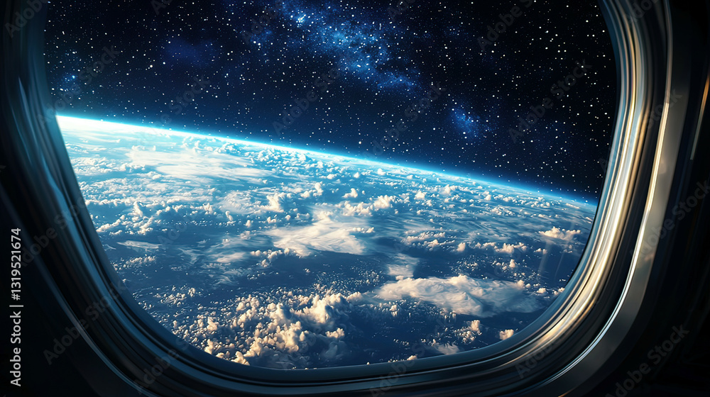 View of Earth’s atmosphere from a space capsule window, ultra-realistic clouds and stars View of Earth’s atmosphere from a space capsule window, ultra-realistic clouds and stars