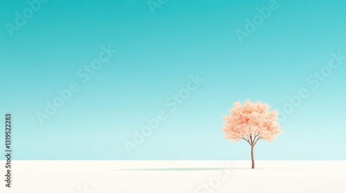 single flat design illustration depicting solitary tree at center of vast unbroken horizon under clear blue sky where