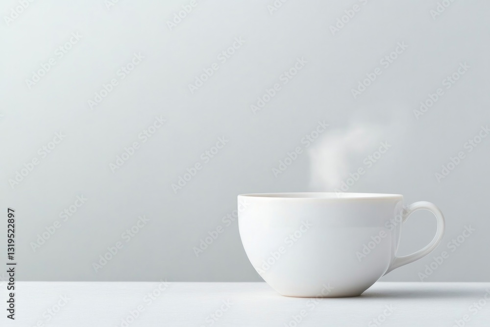 Fototapeta premium single white porcelain teacup with subtle steam rising in front of plain light-colored background