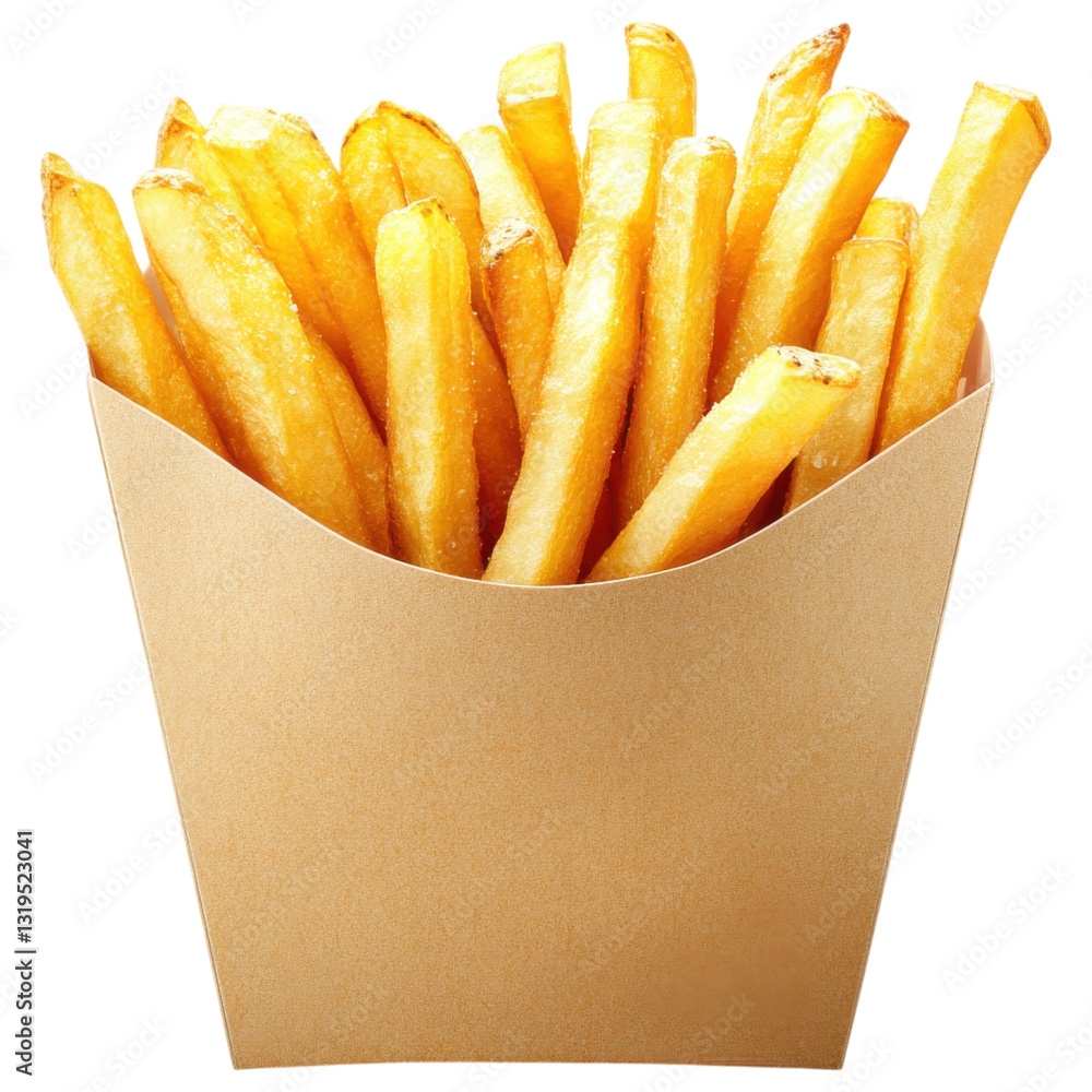 Hot and crispy French fries in paper container, perfect for snacking Hot and crispy French fries in paper container, perfect for snacking