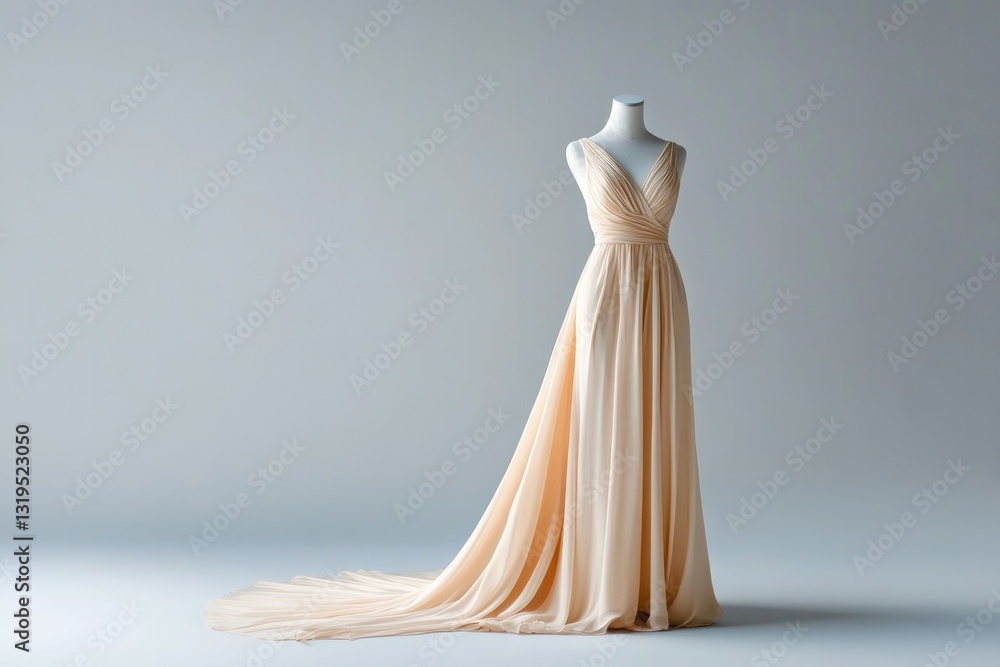 sleek elegant evening dress displayed on simple mannequin against plain soft-colored backdrop sleek elegant evening dress displayed on simple mannequin against plain soft-colored backdrop