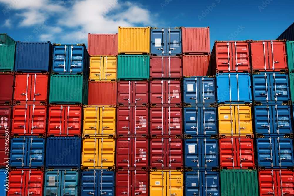 Fototapeta premium Stacked Shipping Cargo Freight Container. Stacked Cargo Shipping Containers Global Trade Logistics. Stack of Cargo Containers. Global Cargo import and Export Logistics Concept with Copy Space. 