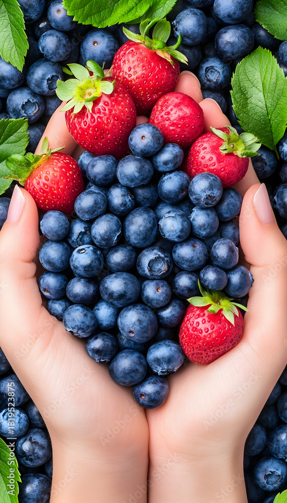 Freshly picked blueberries and strawberries in cupped hands Freshly picked blueberries and strawberries in cupped hands