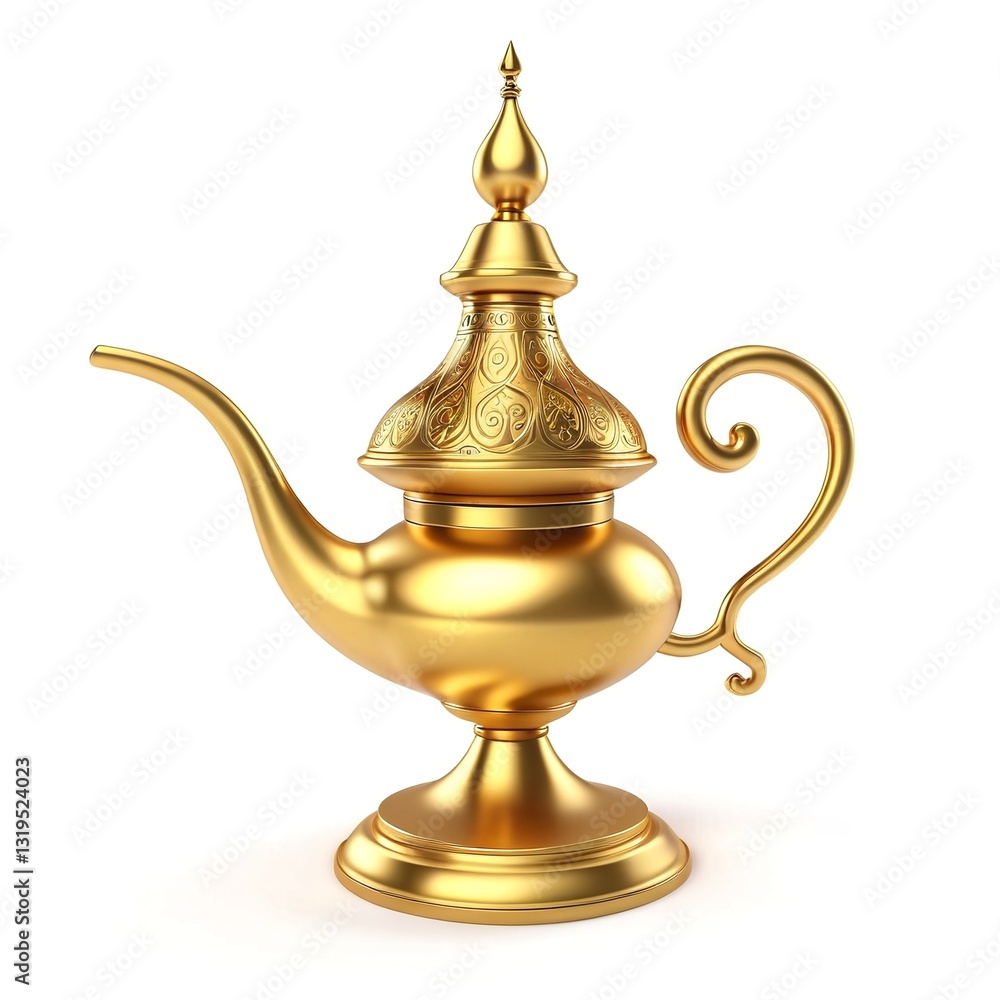 Elegant Gold Arabian Lamp with Intricate Design Isolated on White Elegant Gold Arabian Lamp with Intricate Design Isolated on White