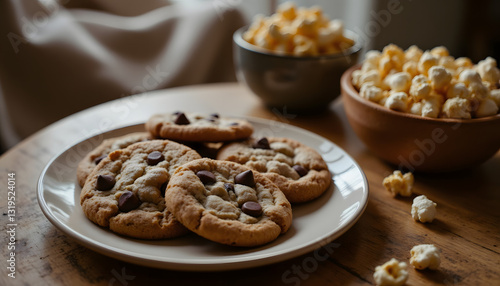 A delicious plate of homemade chocolate chip cookies and a bowl of caramel popcorn sit on a rustic wooden table, ready to be enjoyed during a cozy movie night at home.