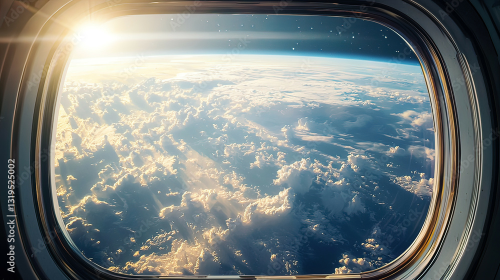 View of Earth’s horizon from a space capsule window, hyper-realistic clouds and atmosphere View of Earth’s horizon from a space capsule window, hyper-realistic clouds and atmosphere