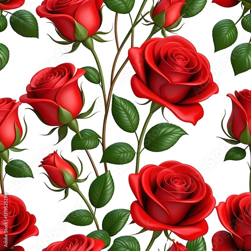 Beautiful Red Roses Pattern with Green Leaves on White Background